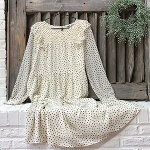 Madewell smocked ruffle-shoulder midi dress in ink brush dots